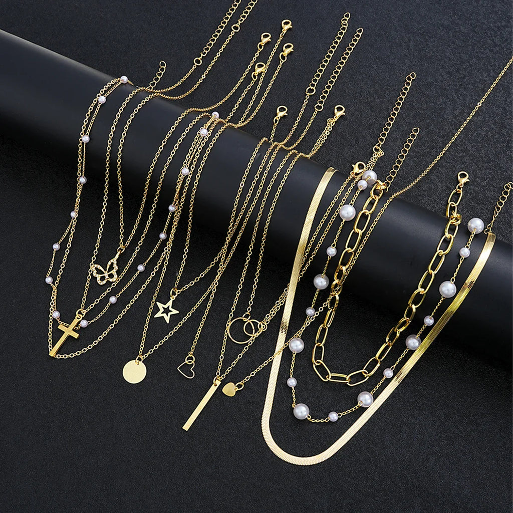 11 Pcs Simple Pearl Choker Necklaces Set for Women Fashion Layered Chain Star Cross Heart Pendant Charms Necklace Jewelry Gifts Vera Lux