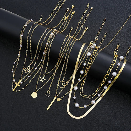 11 Pcs Simple Pearl Choker Necklaces Set for Women Fashion Layered Chain Star Cross Heart Pendant Charms Necklace Jewelry Gifts Vera Lux