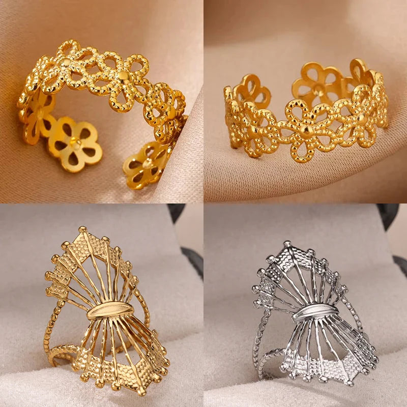Hollow Flower Rings For Women Gold Color Stainless Steel Adjustable Multi-layer Flower Ring Wedding Aesthetic  Jewelry Gift Vera Lux