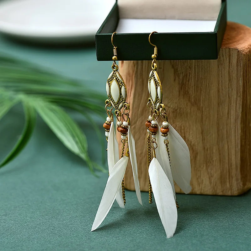 Bohemian Ethnic Feather Earrings For Women Long Tassel Beads Handmade Drop Dangle Earrings Girl Fashion Wedding Jewelry Gift Vera Lux