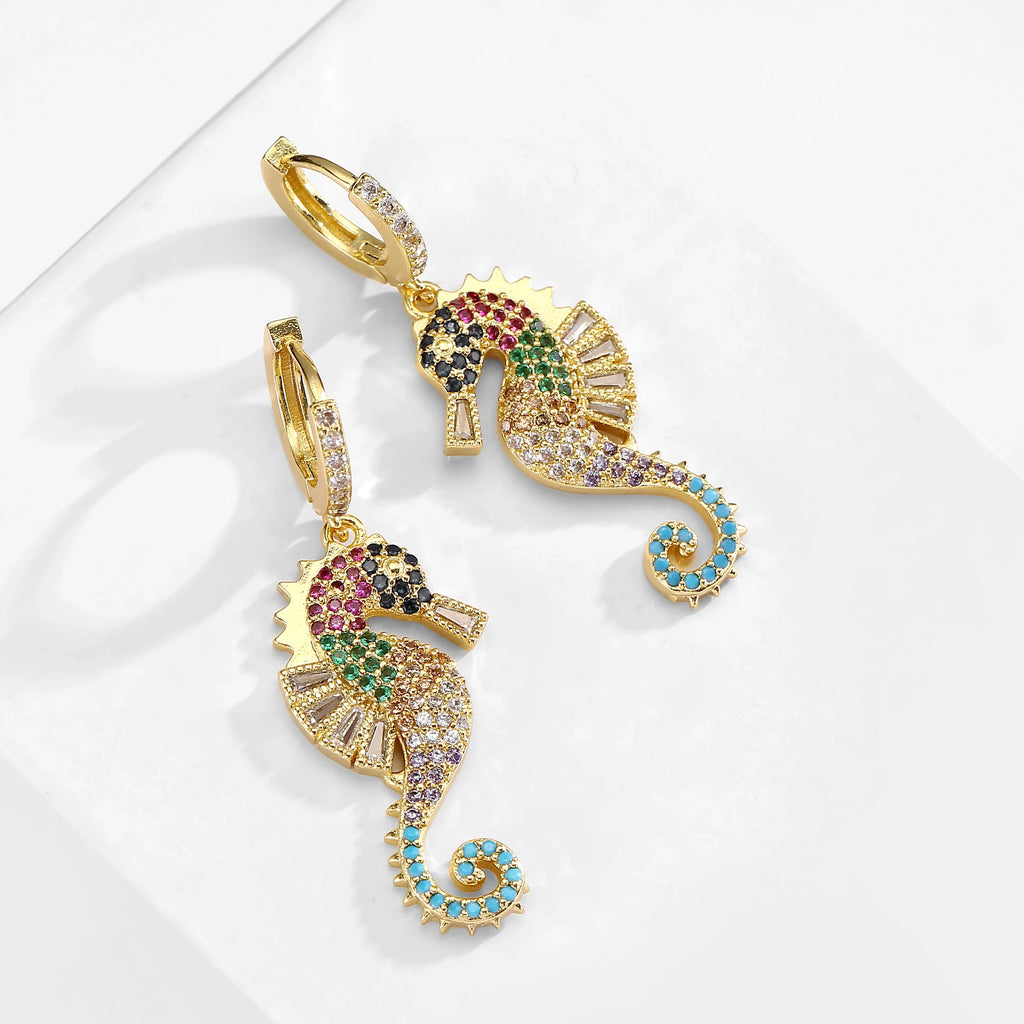 NEWBUY 2024 Trendy Colourful AAA CZ Zircon Inlay Seahorse Dangle Earrings For Women Party Jewelry Vera Lux