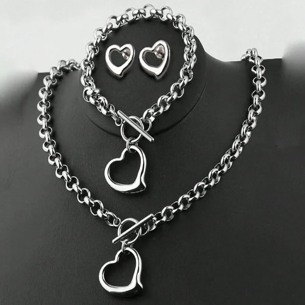 Aomogo Set INS Exquisite Love Fashion Stainless Steel Bracelet Earrings Necklace Pendant Set Women's Daily Goods Party Favors Vera Lux