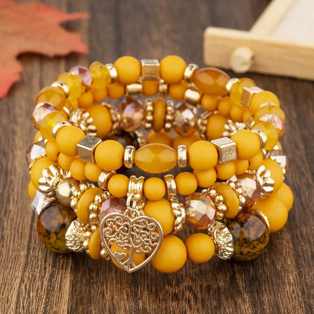 4Pcs Tree of Life Heart Bracelet Set For Women Acrylic Glass Beads Chain Elastic Bangle Female Fashion Party Jewelry Vera Lux