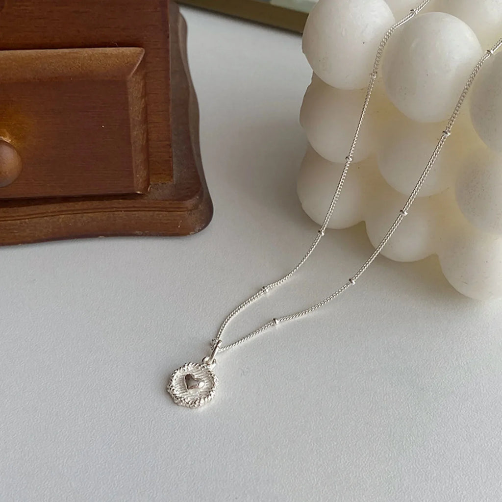 925 Sterling Love Heart Texture Bead Necklace for Women Girl Stereoscopic Design Double Sided Jewelry Gift Wholesale Vera Lux