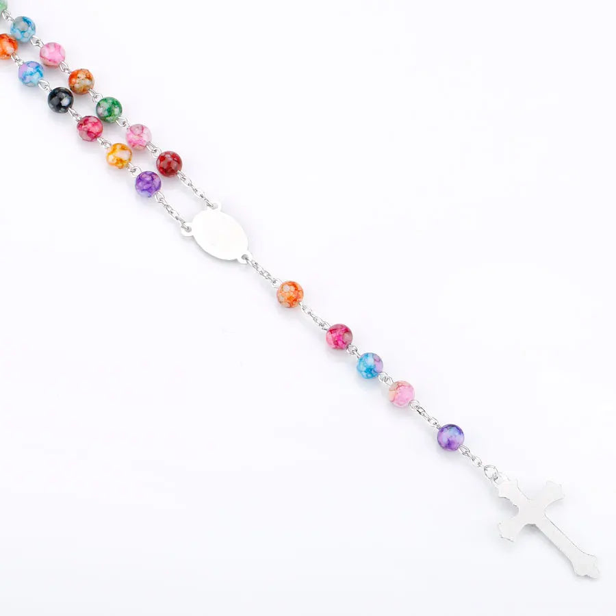 Religion Rosary Prayer Necklace For Women Virgin Mary INRI Cross Pendant Colorful Acrylic Beads Chain Christian Party Jewelry Vera Lux