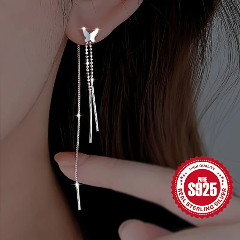 Pair of S925 Silver Butterfly Tassel Earrings for Ladies Low Allergy Sweet Girl Versatile Daily Accessory Perfect Gift for Women Vera Lux