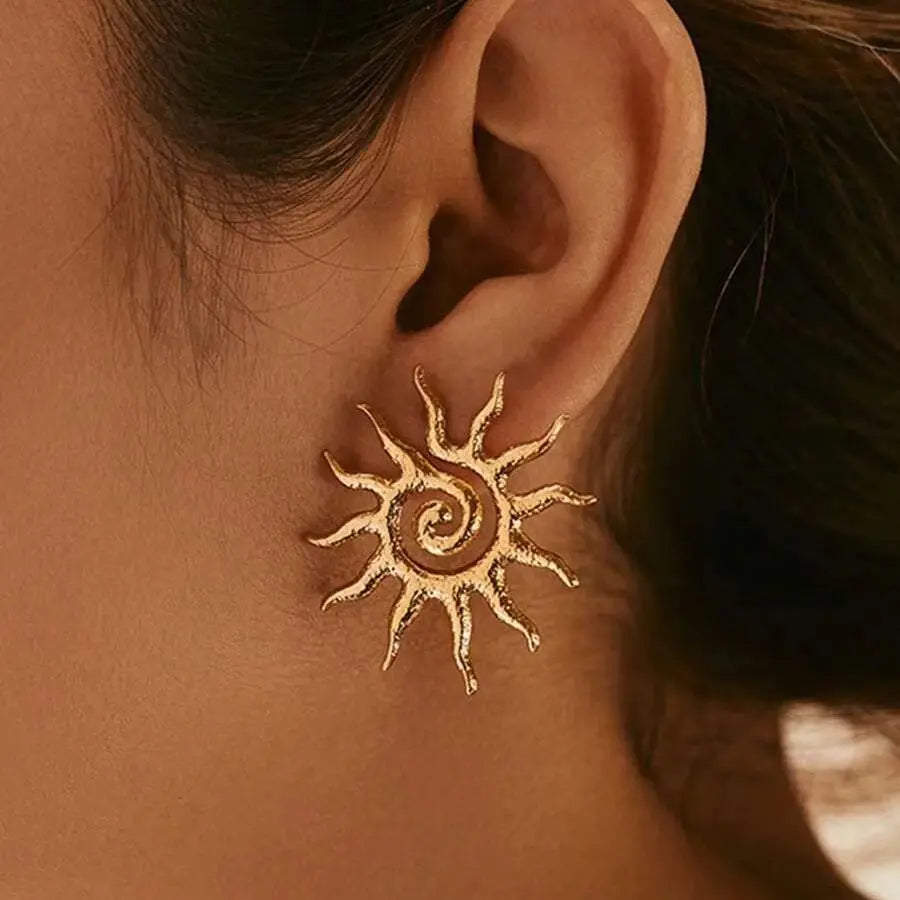 Retro Threaded Sun Earrings For Women Gold Color Stainless Steel Geometric Earrings Hip Hop Party Jewelry Birthday Gifts Vera Lux