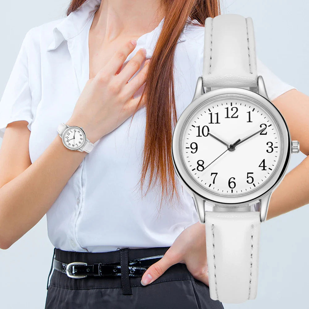 Leisure Fashion Women Quartz Watch Easy to Read Arabic Numerals Simple Dial PU Leather Strap Lady Candy Color Vera Lux
