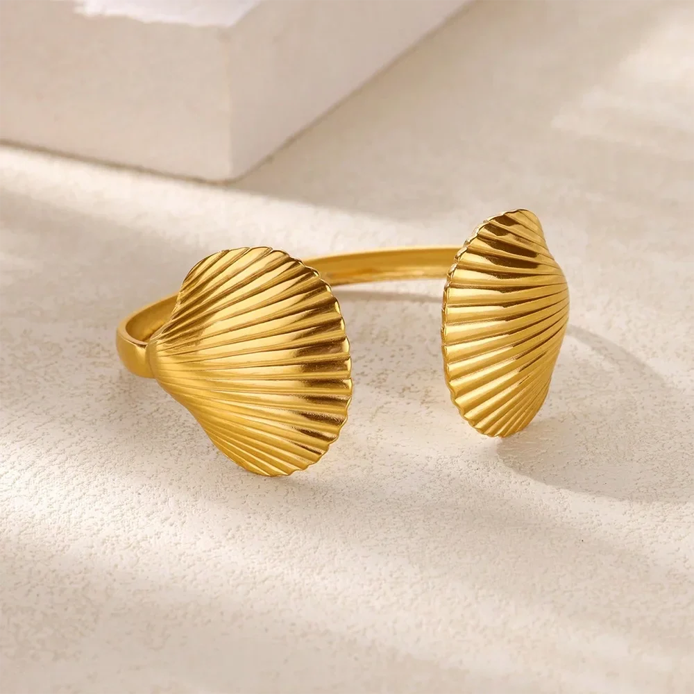 Summer Waterproof Cuff Bangles Bracelet For Women Cute Flower Double Layer Open Stainless Steel Gold Color Star Shell Jewelry Vera Lux