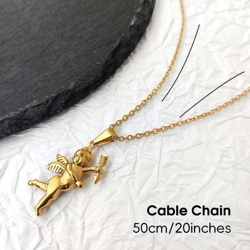 Vintage Stainless Steel Cupid Charm Pendant Necklace Waterproof 18K Gold Plated Necklace Unisex Jewelry Gift Vera Lux