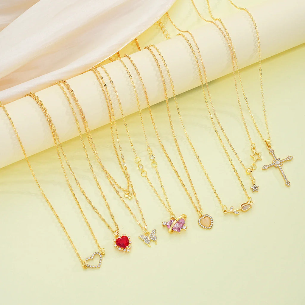 8 Pcs Simple Temperament Necklace Set For Women Elegant Gold Color Crystal Butterfly Cross Rose Heart Star Pendant Necklaces Vera Lux