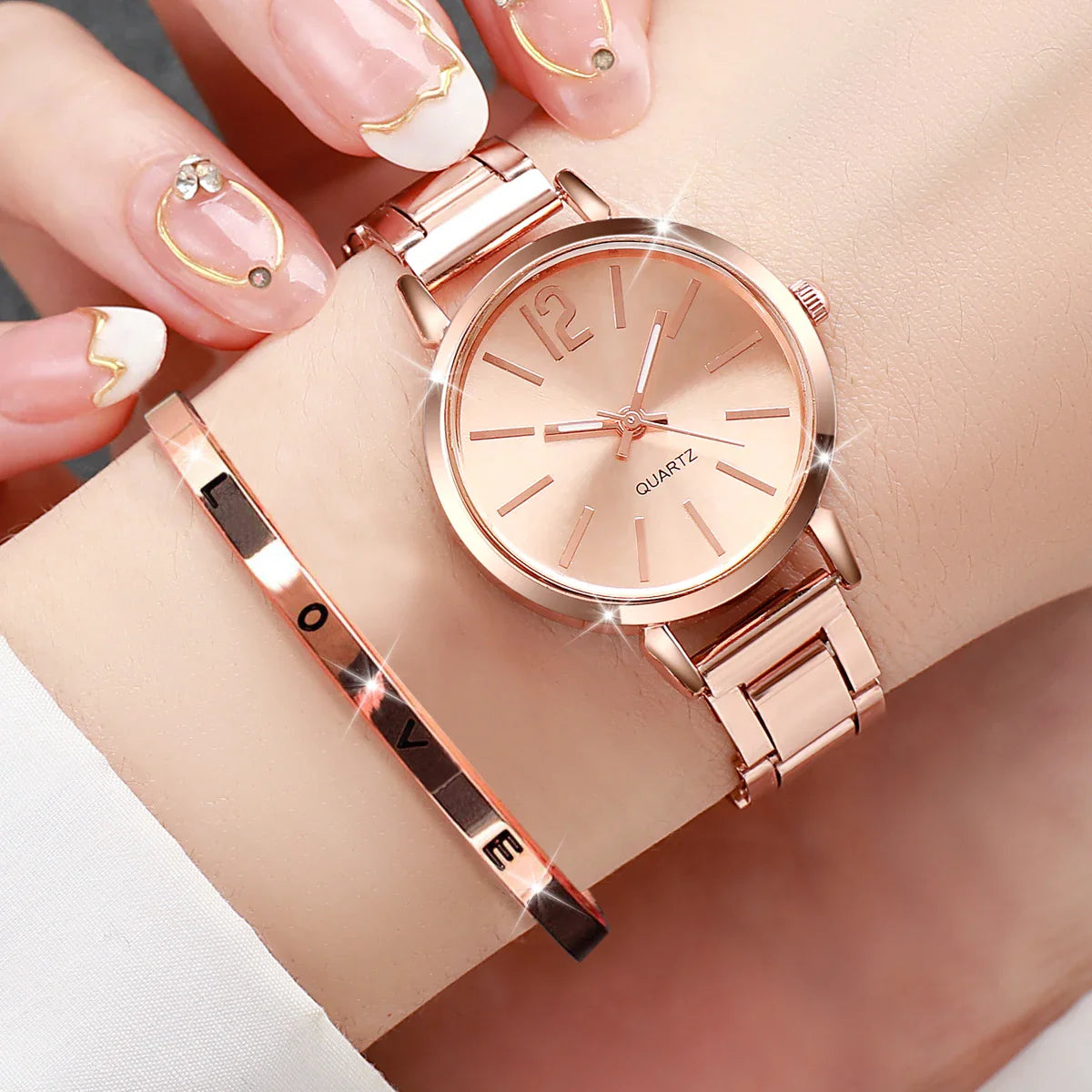 2PCS Fashion Womens Watches Opening Cuff Bracelet Set Gold Simple Round Ladies Quartz Wristwatch Reloj Mujer Vera Lux