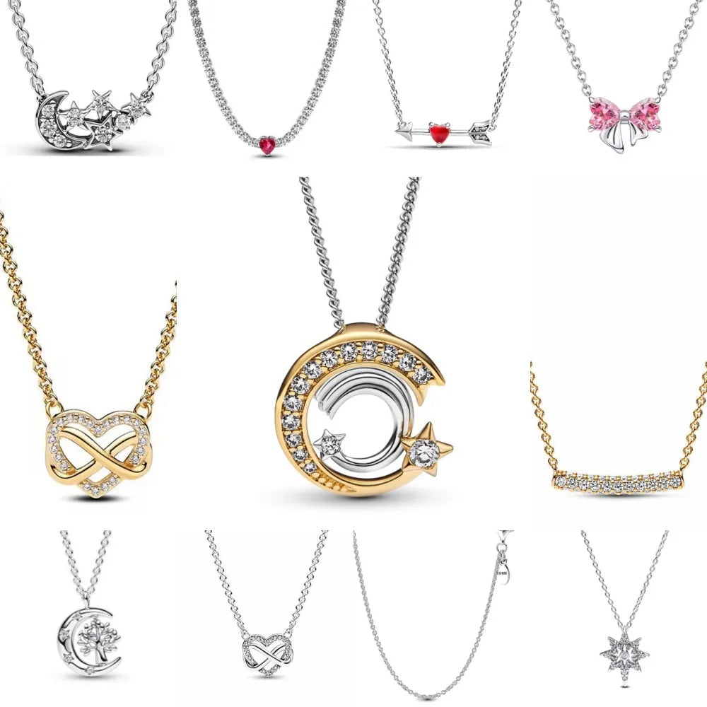 925 Sterling Silver Golden Moon Star Bow Necklace Fit Original Bracelet For Women DIY Fashion Jewelry Making Vera Lux