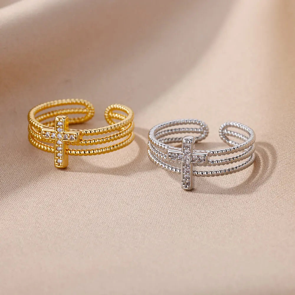 New in Zircon Cross Rings For Women Adjustable Stainless Steel Cross Ring Femme Design Luxury Wedding Jewerly Gift 2023 anillos Vera Lux