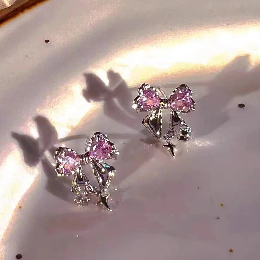 New Y2K Bowknot Zircon Stud Earrings for Women Fashion Korean Silver Color Pink Crystal Personality Earring Party Jewelry Gifts Vera Lux