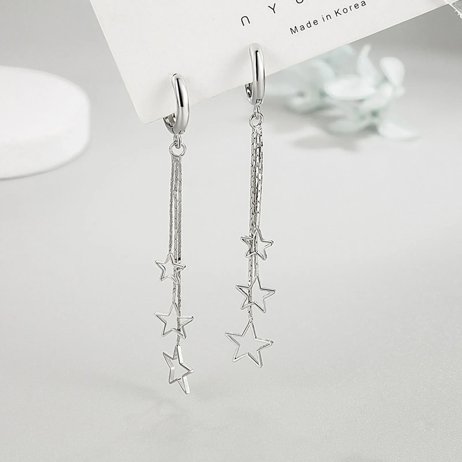 Elegant Popular Three Stars Hoop Earrings For Women 925 Sterling Silver Party Jewelry Beautiful Long Tassel EarringElegant Vera Lux