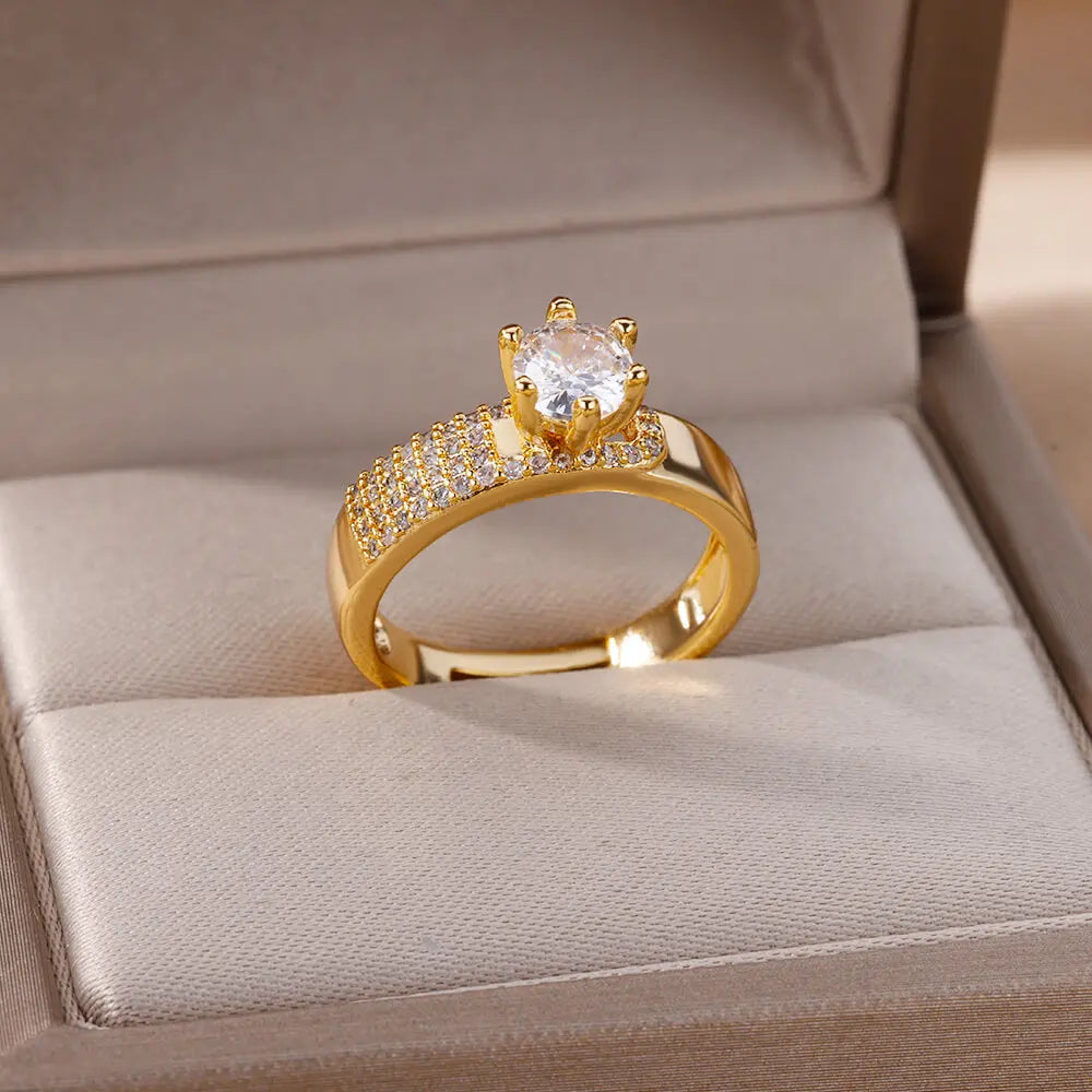 Stainless Steel Round Rings For Women Zircon Geometric Gold Color Crystal Ring Aesthetic Wedding Party Jewerly Gift Bague Femme Vera Lux