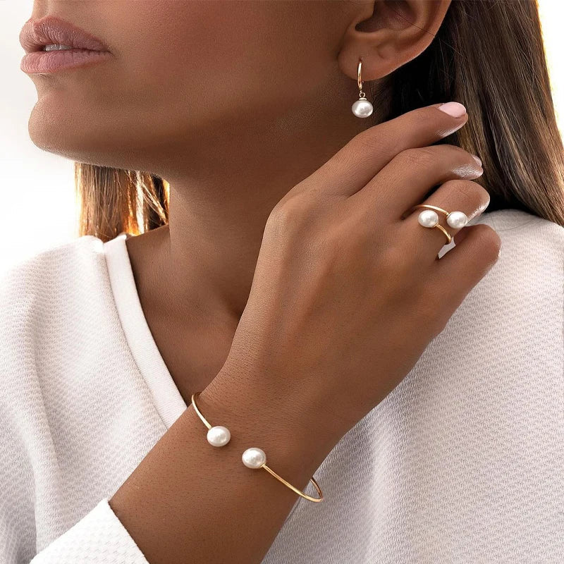 4Pcs/Set Simple Pearl Earrings Ring Bangle for Women Vintage Exquisite Gold Color Jewelry Set Female Wedding Party Jewelry Gifts Vera Lux