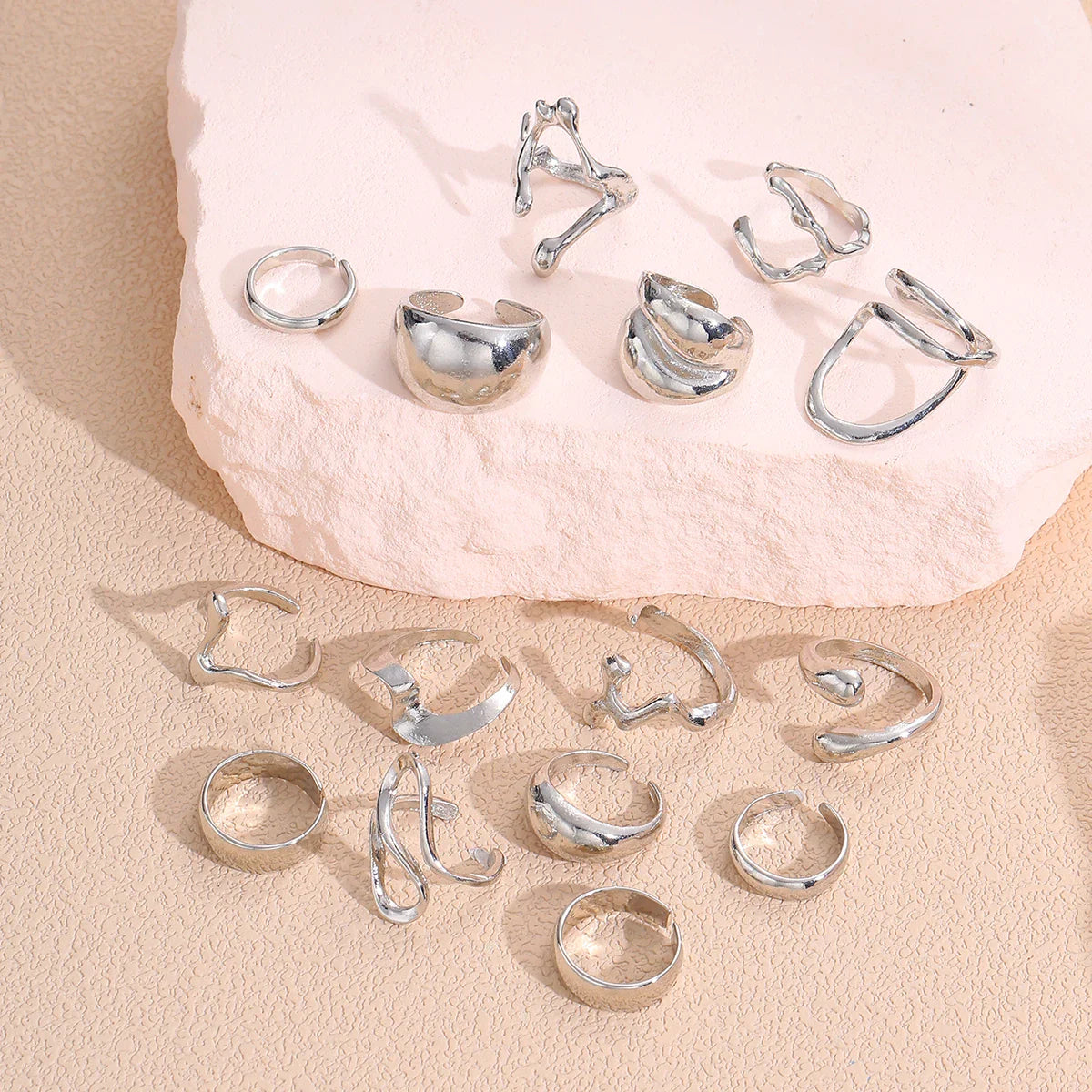 15Pcs Punk Smooth Geometric Open Rings Set For Women Exaggerated Irregular Silver Color Thick Chunky Ring Hip Hop Jewelry Gifts Vera Lux