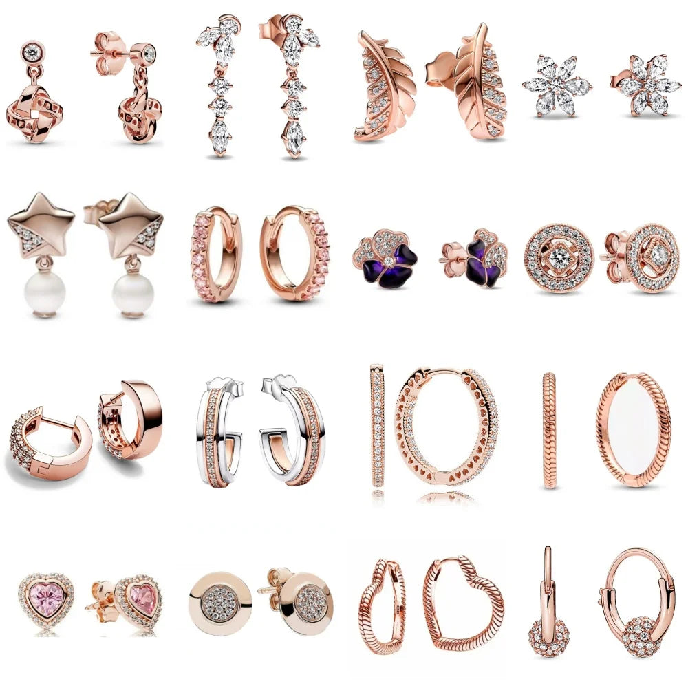 Rose Gold Color 925 Silver Sterling Flower Stud Earrings, Fit Women's Festival Christmas Charm Jewelry Gifts Vera Lux