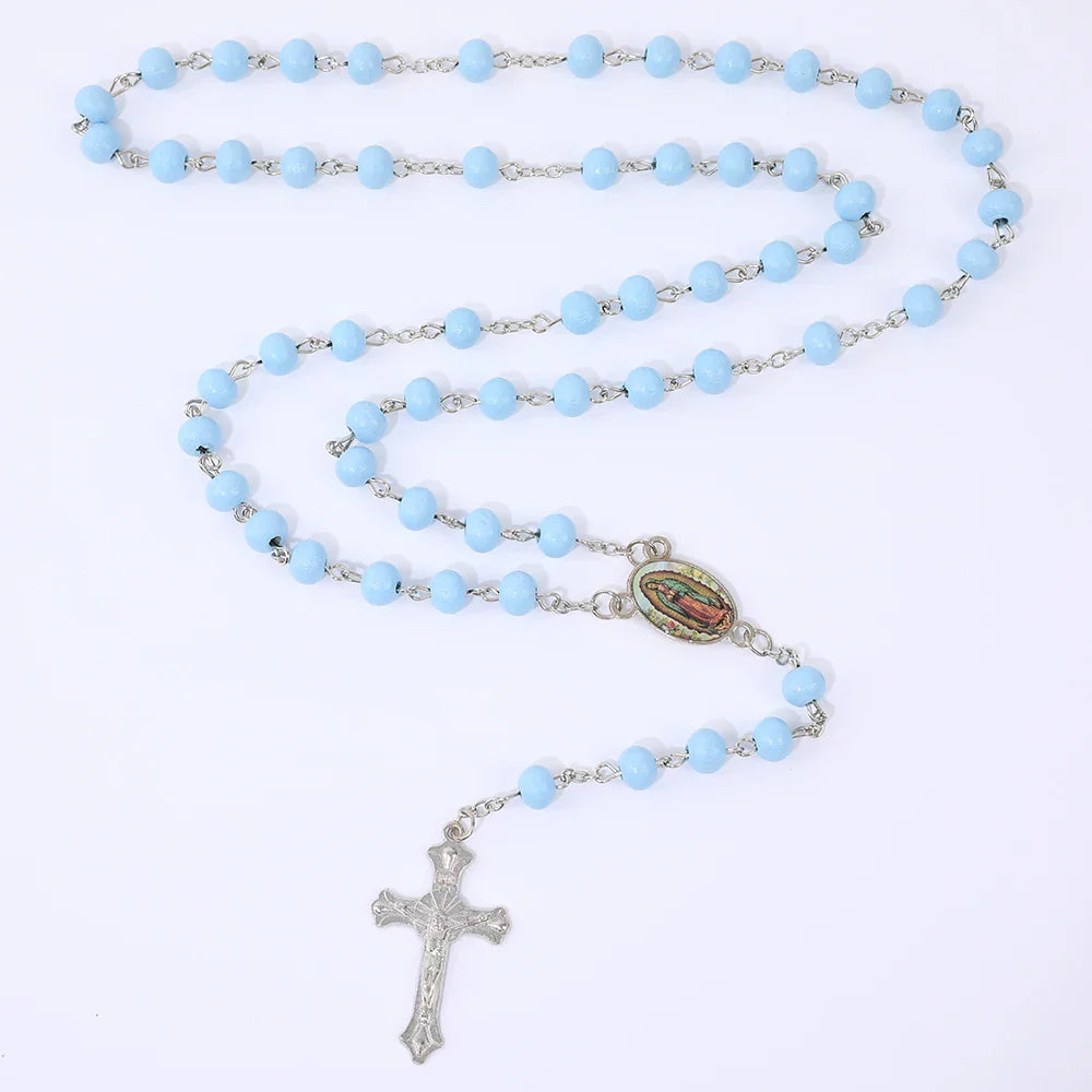 Blue Rosary Necklace For Women Men 6MM Wooden Prayer Beads Long Chain Religious Virgin Mary Cross Pendant Men Party Jewelry Gift Vera Lux