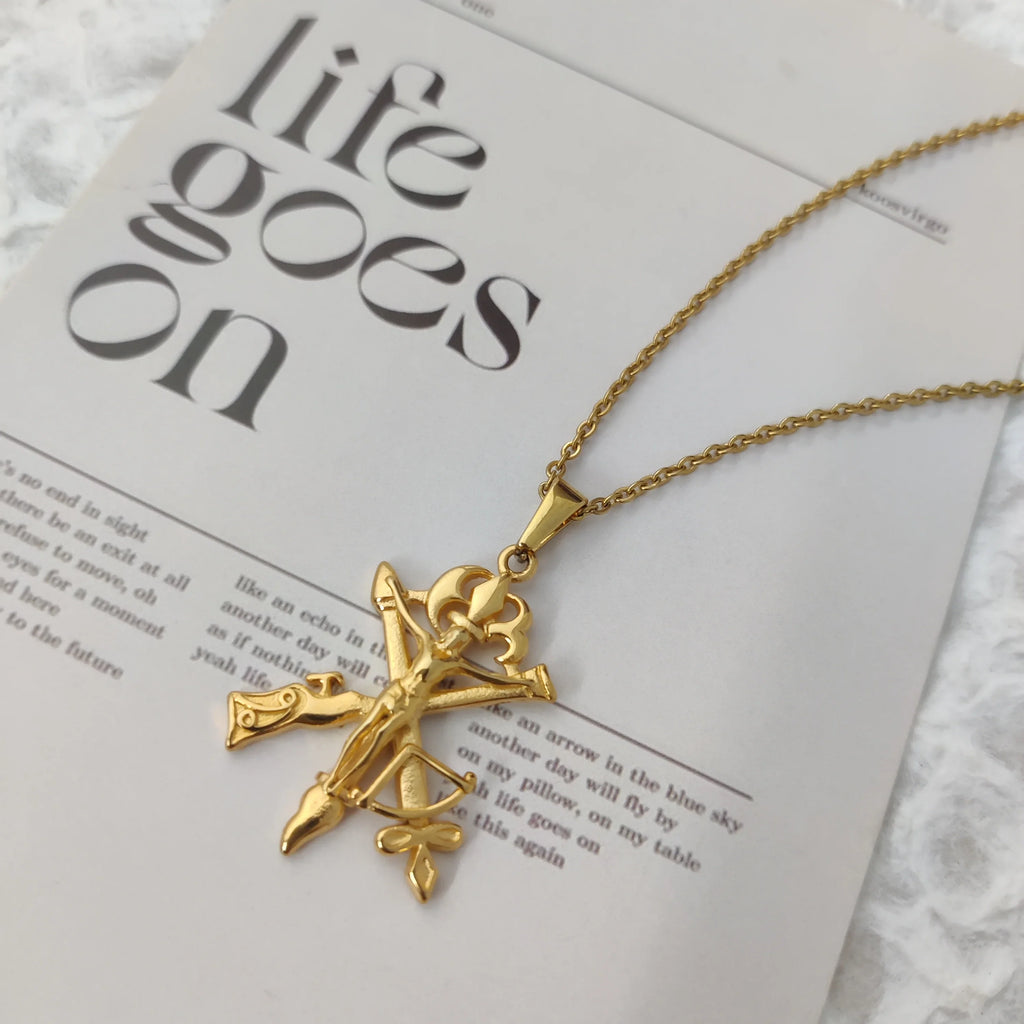 Men's Jesus Cross Necklace 18K Gold Plated Stainless Steel Christian Gun Arrow Pendant Religious Jewelry Gift Vera Lux