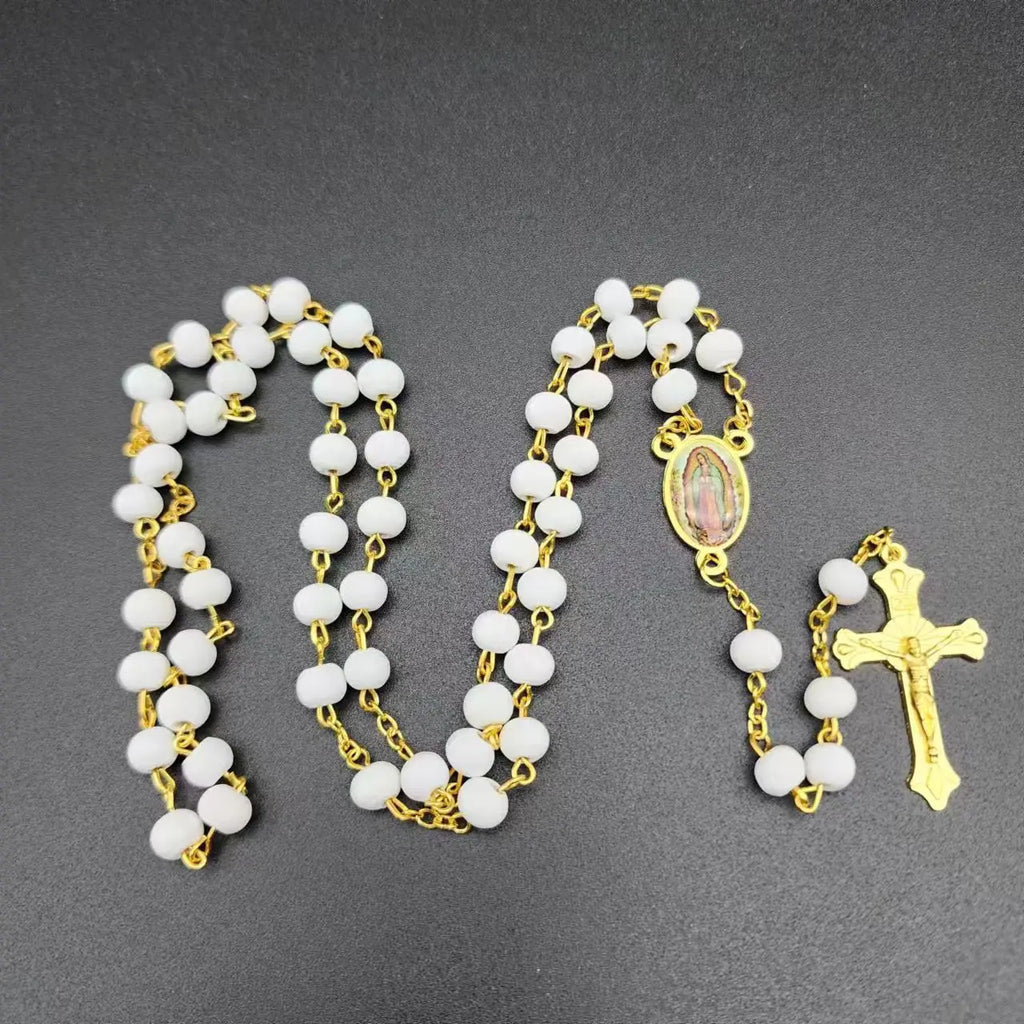 White Wooden Rosary Necklace For Women Crucifix Cross Pendant Long Chain Necklace Men  Religious Catholic Prayer Jewelry Vera Lux