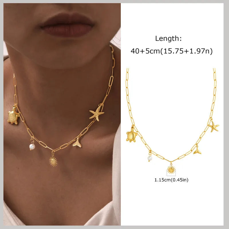 18k Gold Plated Pearl Shell Conch Starfish Summer Beach Necklace, Charms Necklace for Women,Stainless Steel Waterproof Jewelry Vera Lux
