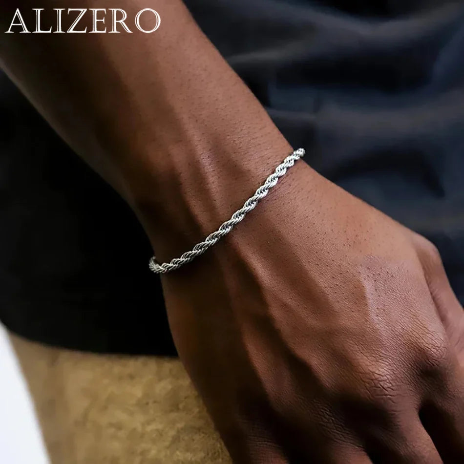 ALIZERO 925 Sterling Silver Unisex 4mm Rope Chain Bracelets for Men Women Twisted Links Chain Bracelet Simple Classic Jewelry Vera Lux