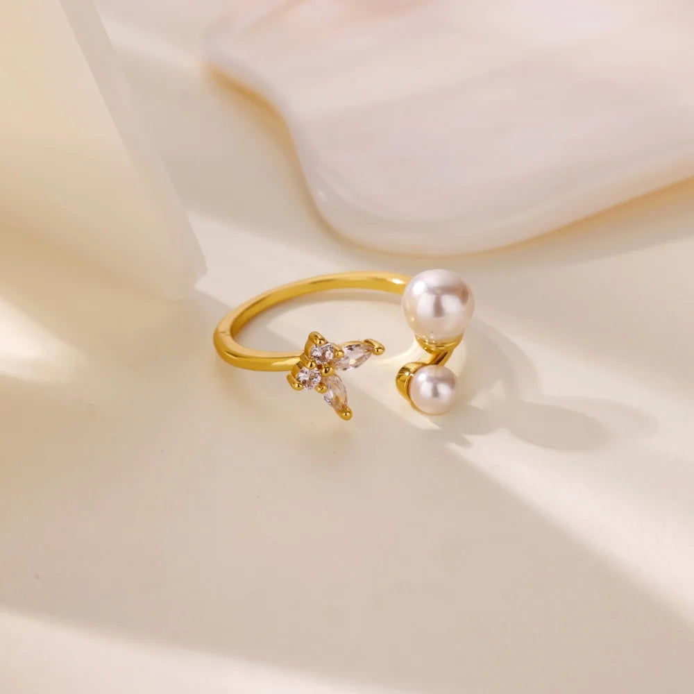 Zircon Butterfly Imitation Pearl Ring For Women Stainless Steel Gold Color Ring 2025 New Fashion Wedding Couple Jewelry Gifts Vera Lux