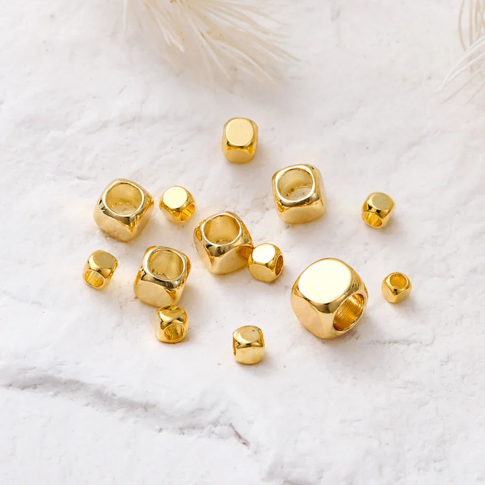 50pcs/lot 14K 18K Gold Brass Cube Square Spacer Beads Loose Charm Bead for DIY Bracelets Necklace Jewelry Making Accessories Vera Lux