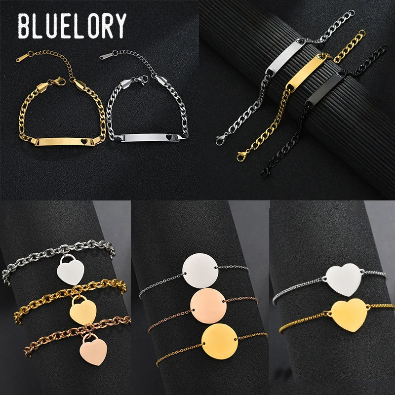 Bluelory Personalized Bracelet For Men  Women Stainless Steel Multi Styles Blank Nameplate Heart Bracelet  Party Jewelry Gift Vera Lux