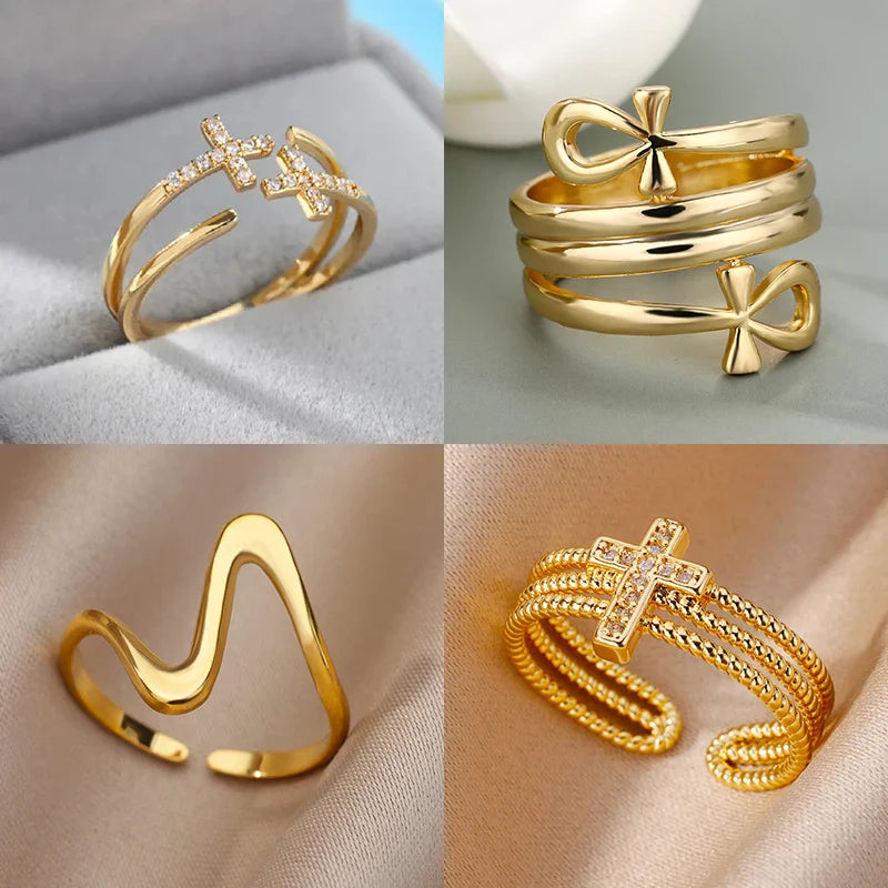 Zircon Double Cross Rings For Woman Stainless Steel Gold Color Shiny Opening Ring New Luxury Fashion Wedding Jewelry Gift Bague Vera Lux
