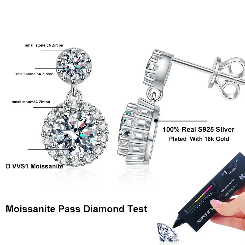 NeeTim 1ct Moissanite Earrings for Women S925 Sterling Silver 18k White Gold Plated Diamond Drop Earring Gifts with Certificate Vera Lux