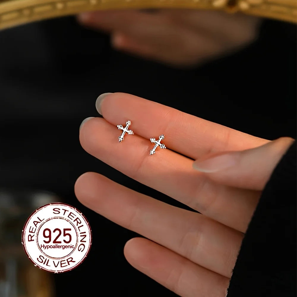 New S925 Sterling Silver Cross Earrings Fashionable Minimalist Design Hypoallergenic for Daily Wear Vacation Valentine's Day Vera Lux