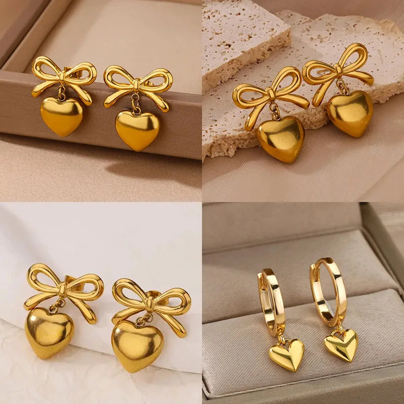 Cute Bow Heart Earrings for Women Stainless Steel Gold Color Heart Stud Earrings 2024 Trend Piercing Jewelry Wedding Party Gift Vera Lux