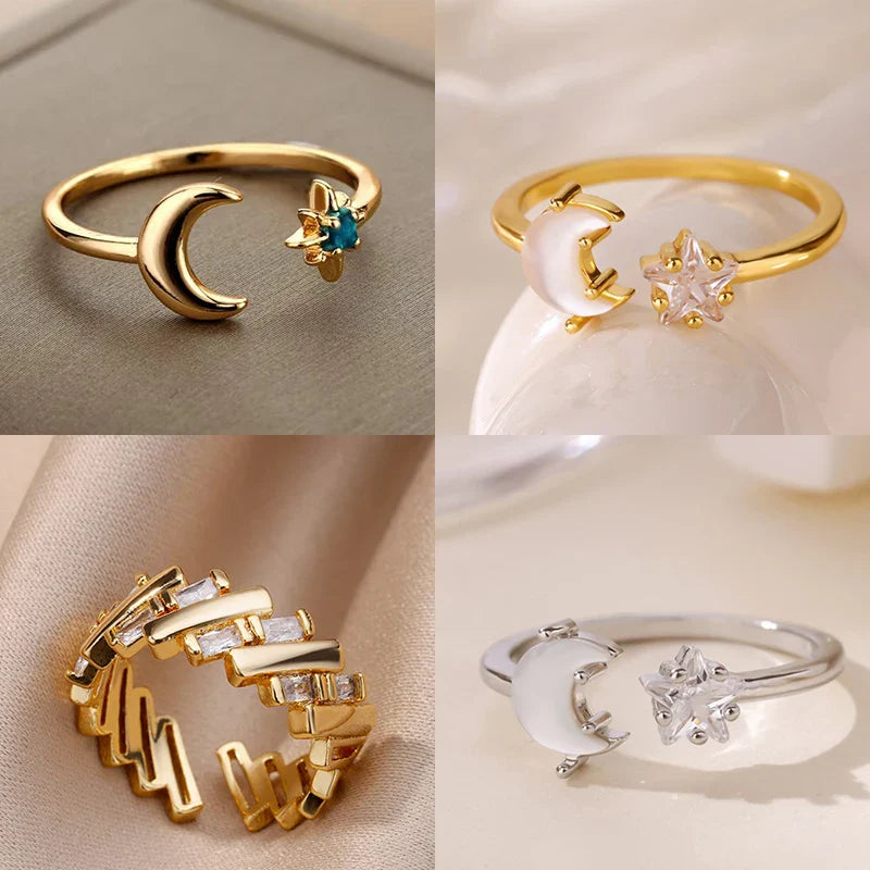 Zircon Moon Rings For Women Stainless Steel Glowing Moon Star Adjustable Finger Ring Aesthetic Wedding Jewelery Gift bague femme Vera Lux