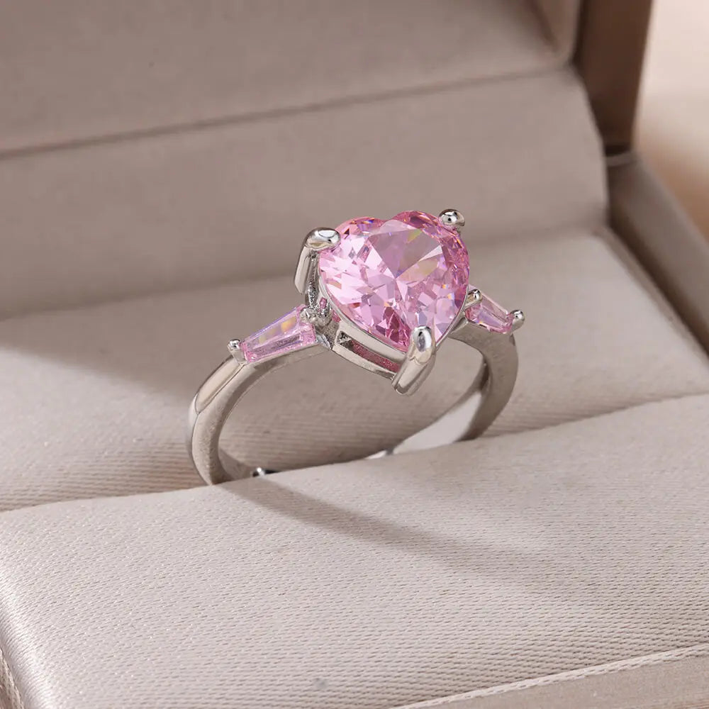 Pink Zircon Heart Rings For Women Gold Plated Stainless Steel Adjustable Heart Ring 2023 Trend Wedding Aesthetic Jewelry Gift Vera Lux