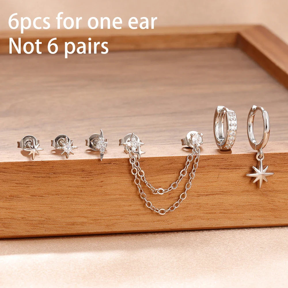 6PCS Fashion Cute Zircon Flower Ear Stud For Women Fashion 18K Gold Plated Star Ear Stud Earring Piercing Girl Set Jewelry Gift Vera Lux