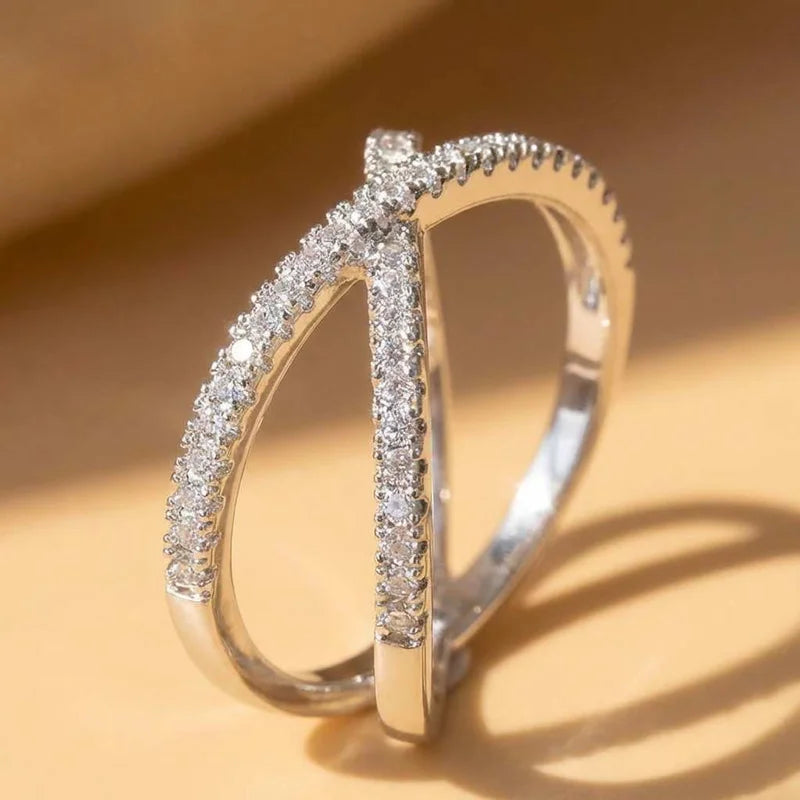 925 Sterling Silver Luxury Cross X Shape Women Engagement Ring Full Paved CZ Stone Elegant Simple Female Jewelry Ring Hot Sale Vera Lux