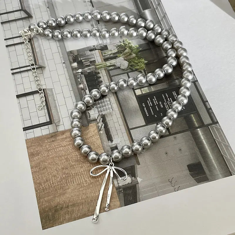 Fashionable Choker with Pendant Graceful Bowknot Pendant Choker Necklace with Gray Pearls Neck Jewelry Accessories Vera Lux