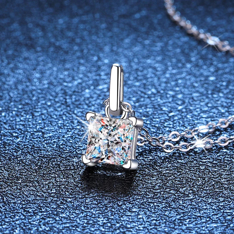 NeeTim 1ct Princess Cut Moissanite Necklace Pendant S925 Sterling Silver Party Wedding Dimond Necklaces For Women Certified Vera Lux