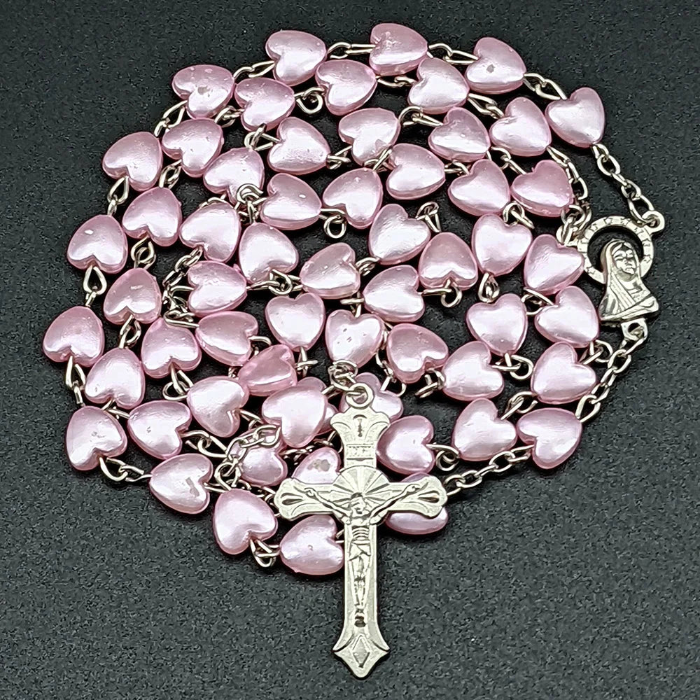 White Heart Rosary Necklace For Women Virgin Mary Cross INRI Pendant Long Chain Men Religion Prayer Party Jewelry Accessories Vera Lux