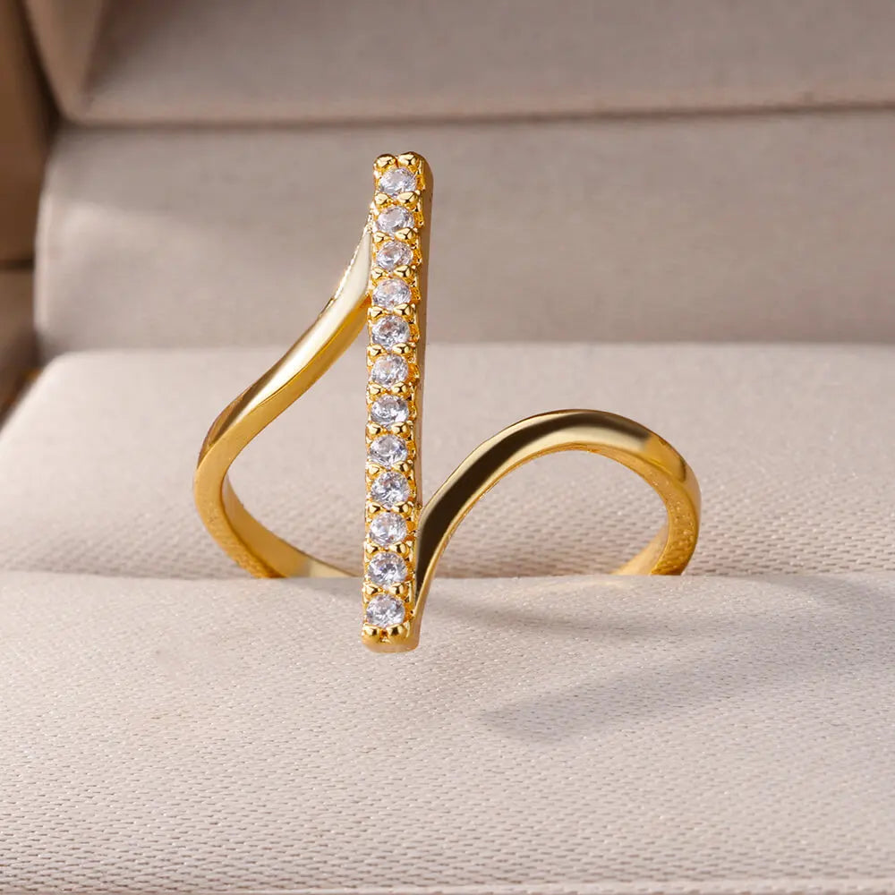 Zircon Geometric Rings For Women Gold Color Stainless Steel Opening Ring Luxury Wedding Party Aesthetic Jewerly Gift Femme 2024 Vera Lux