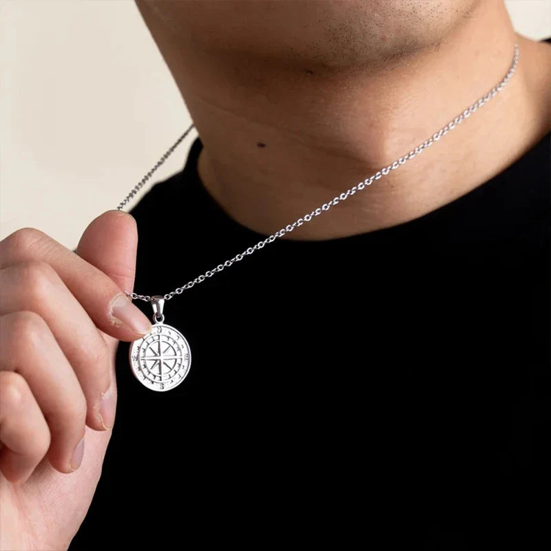 18K Gold Plated Stainless Steel Compass Pendant Necklace - Round Coin Design for Men & Women, Waterproof Unisex Jewelry Gift Vera Lux