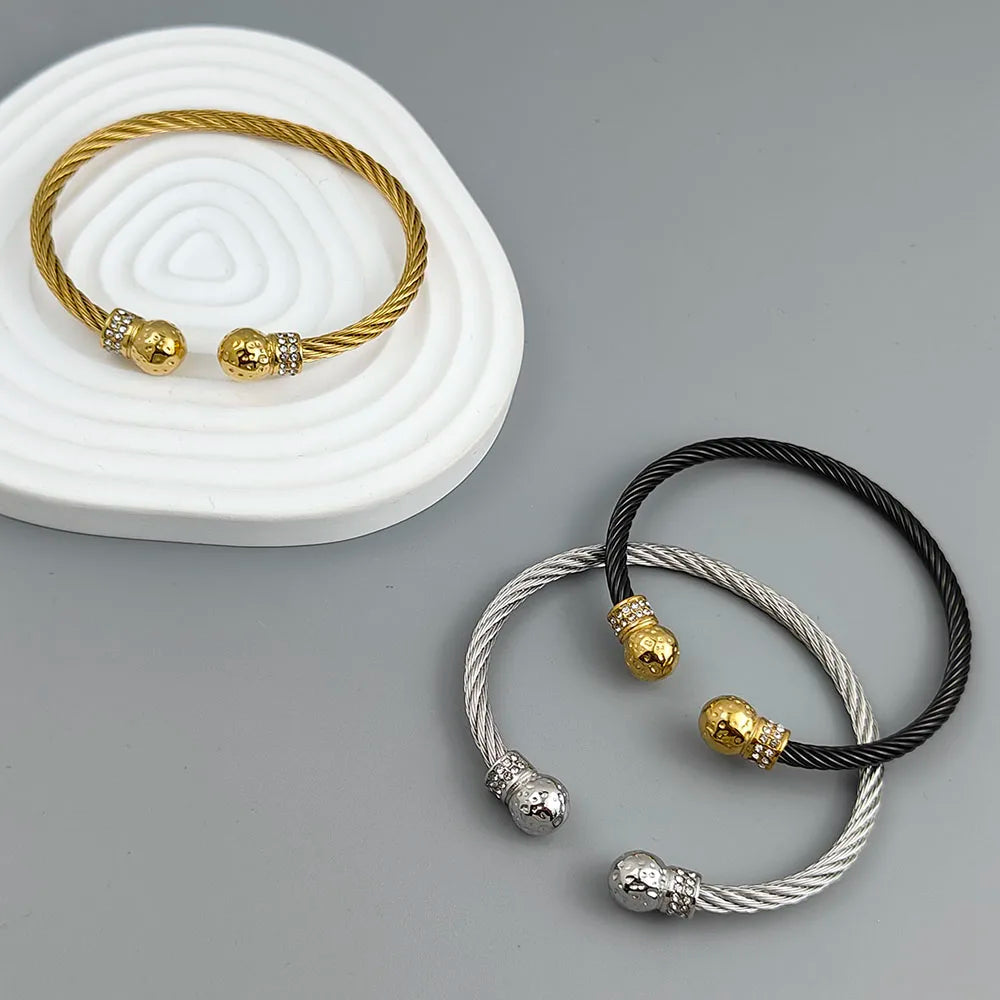 Wire twisted double ball zirconia stainless steel gold plated 18K bracelet, high quality waterproof silver jewelry, couple gift Vera Lux