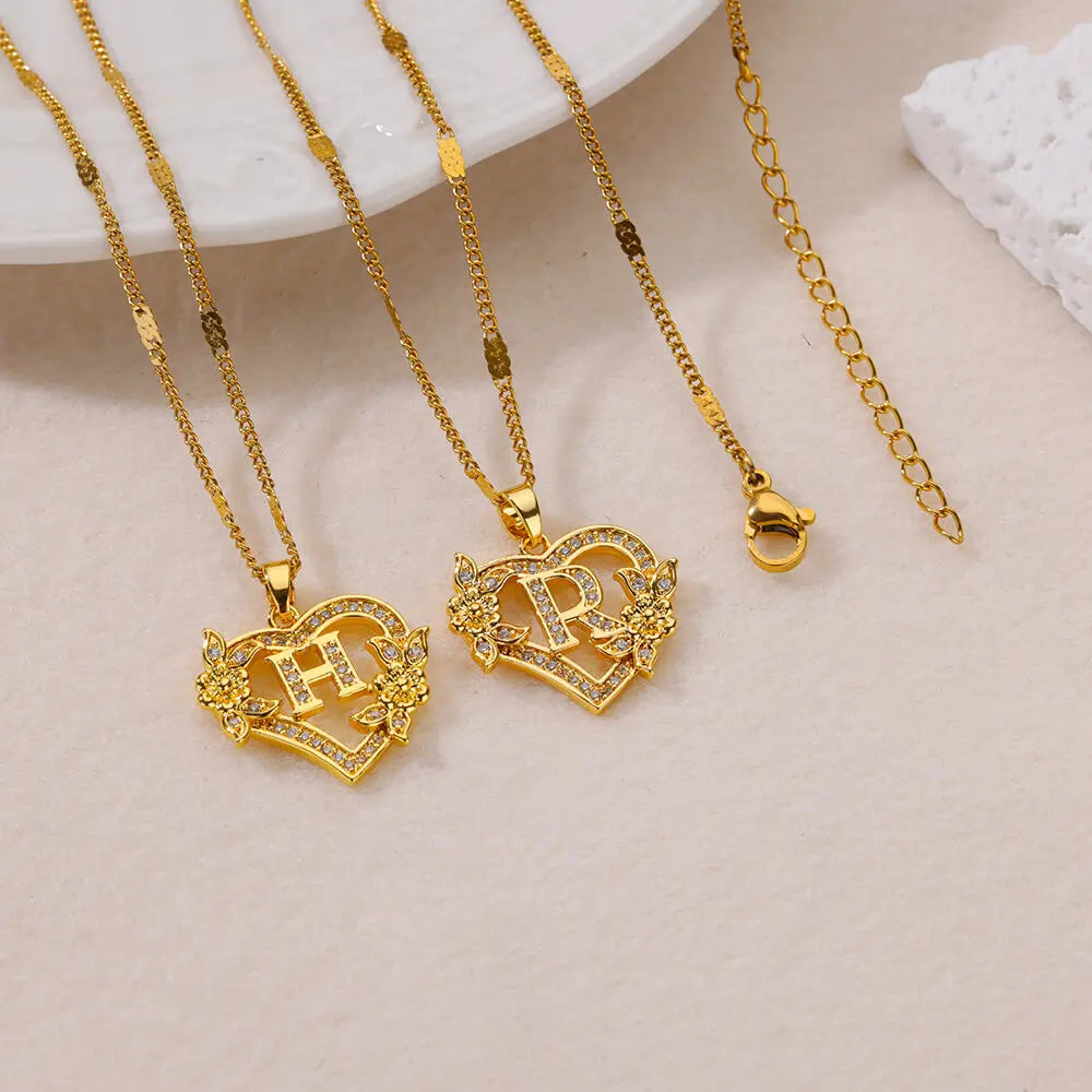 Zircon Flower Initials Necklaces For Women Stainless Steel Heart Gold Color Letter Chain Collar 2025 New Trend Wedding Jewelry Vera Lux
