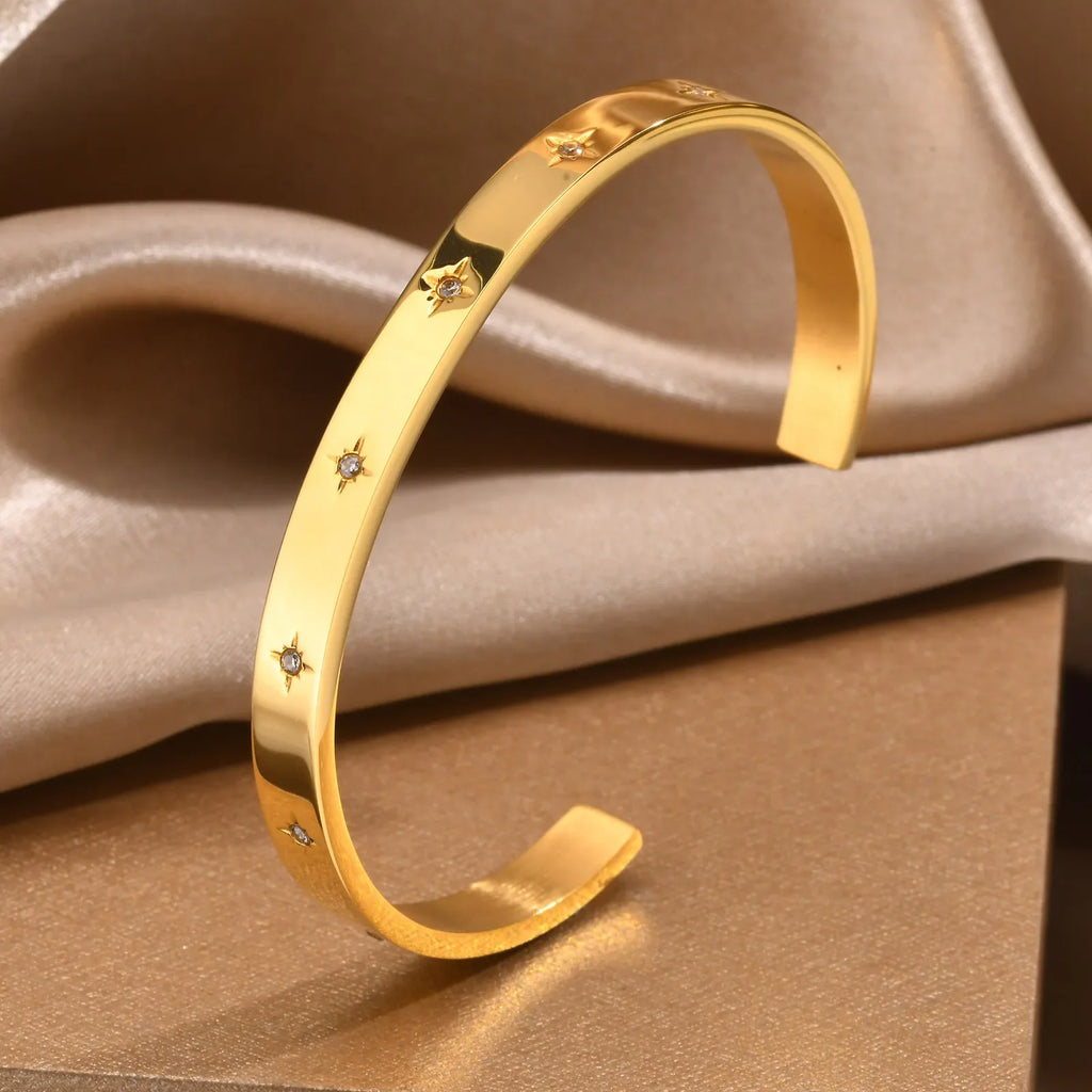 Open Adjustable Star Starburst Cuff Bangle Bracelet for Women Stainless Steel Cubic Zirconia Inlay Charm Layered Jewelry Vera Lux