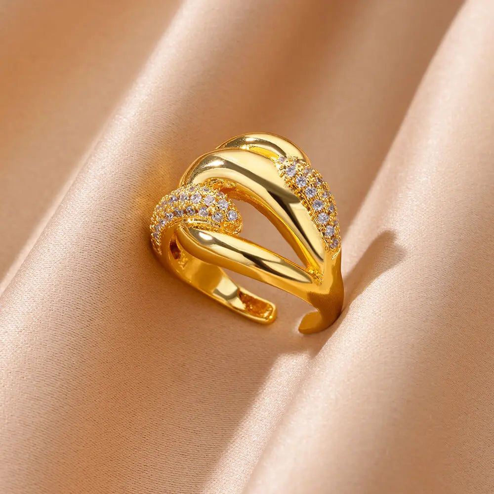 Zircon Geometric Rings For Women Luxury Stainless Steel Gold Color Open Ring Trendy Wedding Party Aesthetic Jewerly Gift Femme Vera Lux