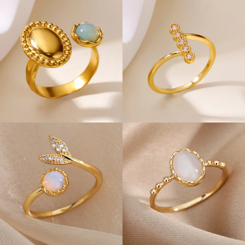 Luxury Opal Zircon Sun Rings For Women Girls Stainless Steel Gold Color Open Ring 2025 New Fashion Wedding Couple Jewelry Gift Vera Lux